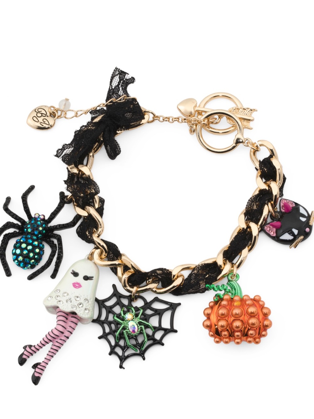 Halloween Charm Bracelet with Black Lace and Gold Chain